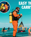 Scuba diver holding 12x16 Inch Mesh Dive Bag With Shrink Lock And Dive Flag Mark, ideal for gear storage and underwater activities.