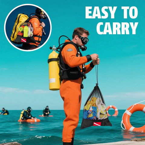 Scuba diver holding 12x16 Inch Mesh Dive Bag With Shrink Lock And Dive Flag Mark, ideal for gear storage and underwater activities.