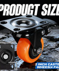 Close-up of 2 Inch Swivel Caster Wheels Set Of 4 Featuring Dual Lock Brakes with orange wheels and metal plate for smooth mobility.