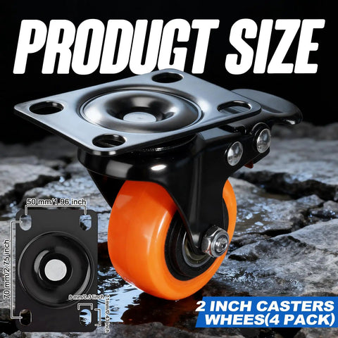 Close-up of 2 Inch Swivel Caster Wheels Set Of 4 Featuring Dual Lock Brakes with orange wheels and metal plate for smooth mobility.