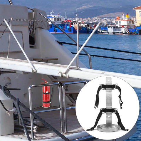 Two Pack Stainless Steel Fire Extinguisher Brackets, 5.5 Inch Diameter For 5 Pound Extinguishers, Built Like A Tank, on a boat