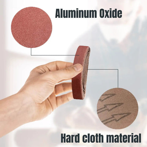 Hand holding Three Eighths Inch By Thirteen Inch Sanding Belts Ten Pack 150 Grit Aluminum Oxide Belts for metal polishing