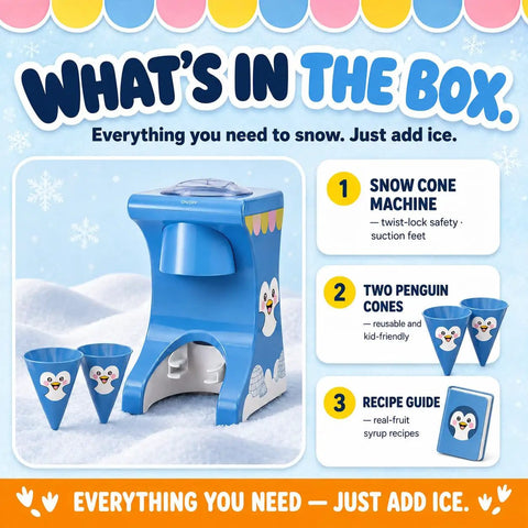Totally Legit Penguin Shaved Ice Maker For Home And Kids Chills Out Summer Parties By Turning Regular Ice Cubes Into Silky Snow Cones Without Pre Freezing For Easy Weekends, with two cones.