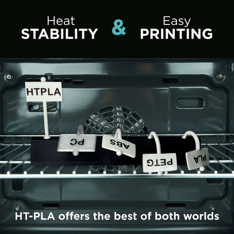 HT PLA Filament 1.75mm Black For 3D Printing durability test in oven, heat resistant to 150°C, showcasing stability and easy printing