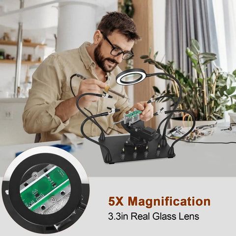 Person using Two In One Magnetic Soldering Third Hand With Heavy Duty Metal Workbench Vise PCB Circuit Board Holder; detail of magnifier lens.