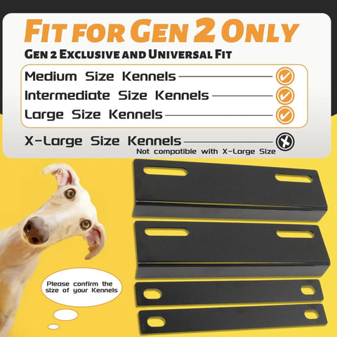 Two Kennels Side By Side Coupler Kit With Two Top Brackets And Two Bottom Braces Includes Eight Mounting Bolts And Washers For Secure Transport Of RuffLand Medium To Large Kennels Not For X Large Crates, showing kit components and compatibility chart with dog.