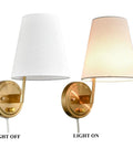 Bedroom Bedside Wall Lamps Set Of 2 Gold Brass Plug In Or Hardwired Wall Sconces With Fabric Shades light on and off view