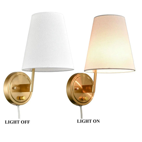 Bedroom Bedside Wall Lamps Set Of 2 Gold Brass Plug In Or Hardwired Wall Sconces With Fabric Shades light on and off view