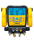 Wireless 4-Port SMAN Refrigerant Manifold With Vacuum Gauge for HVAC and Refrigeration Diagnostics, Digital Gauges With Micron Readout, Pro-Grade Precision for Low and High Pressure, Superheat and Subcooling, Remote Monitoring Ready for Pros on yellow digital manifold front view
