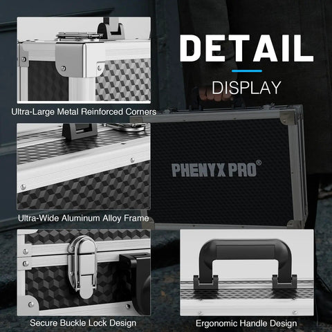 Rugged Aluminum Alloy Carrying Case Workhorse With Dual Layer Customizable Foam showing reinforced corners, lock, and handle.