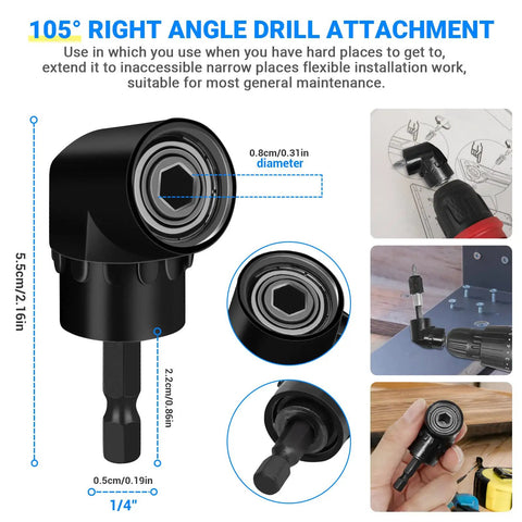Flexible Drill Bit Extension Set With Hex Shank Bit Holder Keychain And 105 Degree Right Angle Attachments displayed with dimensions.