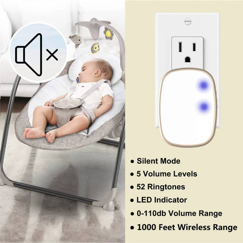 Wireless Doorbell With 1000ft Range And 5 Volume Levels Including Mute Mode, LED Halo shown next to sleeping baby