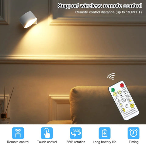 Cordless Rechargeable LED Wall Sconces 2 Pack With Magnetic Touch Dimmer And Remote 360 Degree Rotating Wall Light in living room