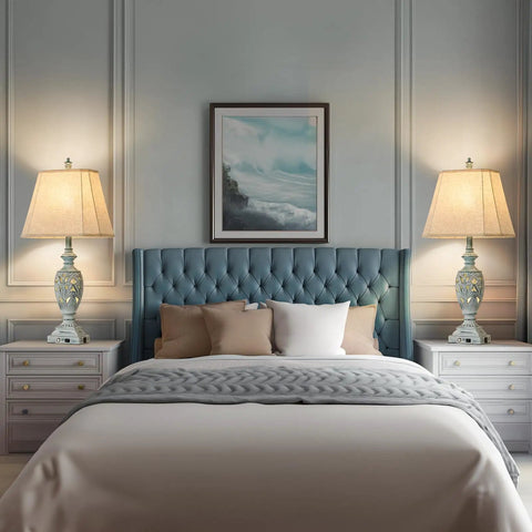 Bedroom with Lantern Table Lamp Set of 2 With Nightlight and USB AC Power Outlet in Dark Bronze Linen Fabric Hardback Shade