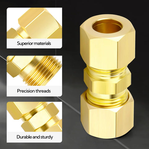 Front view of brass compression tube fitting, 3/4 in to 3/4 in straight union, 3-piece set