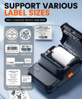 Dead Simple Wireless Bluetooth Label Printer With Tape Slick Portable Unit generates address and barcode labels with various sizes.