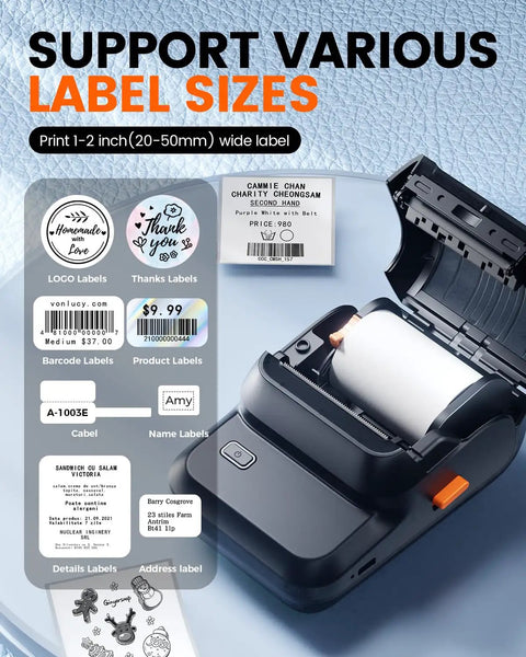 Dead Simple Wireless Bluetooth Label Printer With Tape Slick Portable Unit generates address and barcode labels with various sizes.