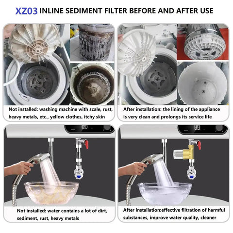 Comparison of washing machine drums and water quality before and after using XZ03 Reusable Brass Sediment Filter, 40 Micron Water Filtration System