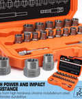 21 Piece Bolt Nut Extractor Set For Damaged Lug Nuts And Rounded Off Bolts Three Eighths Inch Drive in orange case open view