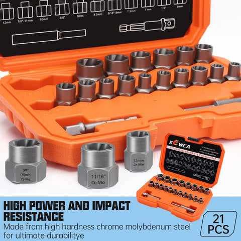 21 Piece Bolt Nut Extractor Set For Damaged Lug Nuts And Rounded Off Bolts Three Eighths Inch Drive in orange case open view