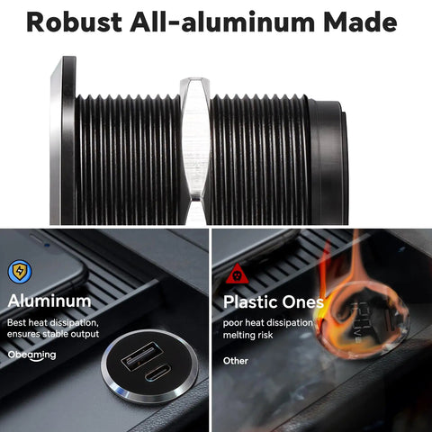 Top Shelf Aluminum 12V USB Outlet And Dual Port Fast Charging Car Charger built for tough daily rigs, showcasing aluminum heat dissipation.