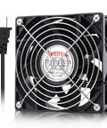 EC Brushless Industrial Case Fan 120x120x38mm, 116 CFM with guard and AC cord, front view.