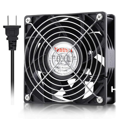 EC Brushless Industrial Case Fan 120x120x38mm, 116 CFM with guard and AC cord, front view.