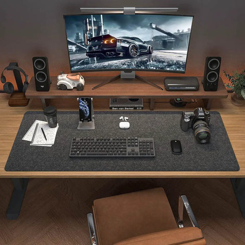Massive 40x16 Inch Felt Desk Mat Non Slip Keyboard And Mouse Pad For Office Desk covering wooden desk with electronics
