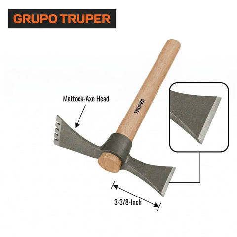 All Purpose Mattock Axe Tool With Twenty Ounce Forged 5160 Chrome Steel Head And Fourteen Inch Wood Handle