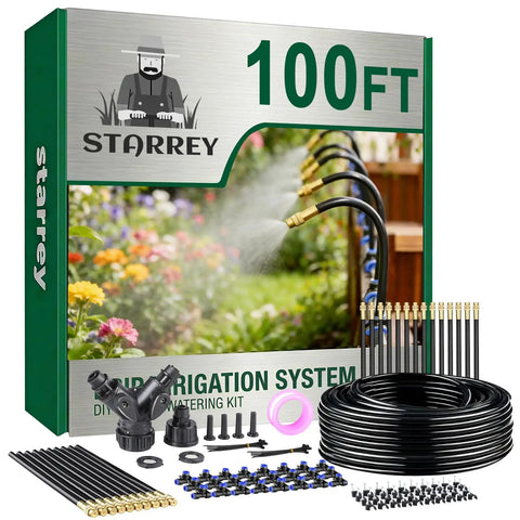 Drip Irrigation System Upgrade Kit With 100 Feet Of One Quarter Inch Tubing And 24 Adjustable Copper Nozzles for gardens displayed in packaging