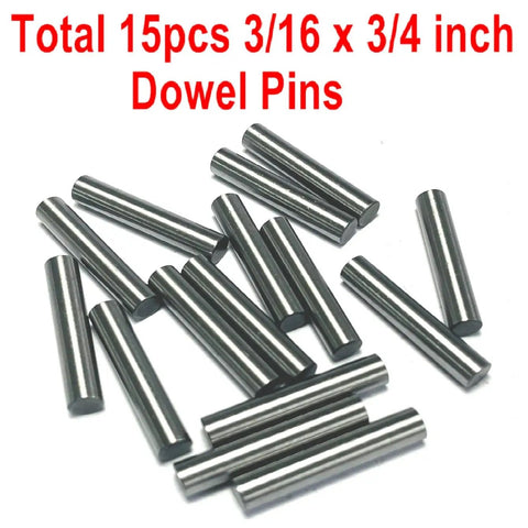 Rock Solid Heavy Duty 3/16x3/4 Inch Dowel Pins and Shelf Pegs, Hella Tough Stainless Alloy Steel Support Pins for Furniture and Bunk Beds, Top Shelf 15 Piece Builder Kit on white background.