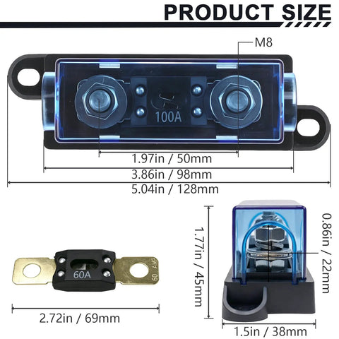 Image showing the Rock Solid ANM Bolt On Fuse Holder Block 60 Amp Rated 12 To 48 Volt DC Circuit Protector with size dimensions.