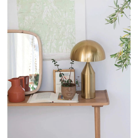Brushed Brass Table Lamp With Inline Switch Mid Century Inspired Electroplated Metal 14 Inch Tall on wooden console