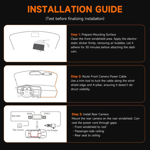 Installation guide for 360 Degree Dash Cam Front And Rear Inside Car Camera With 4 Channel FHD 1080P And 2K Plus 1080P Rear WiFi GPS Voice Control Night Vision 24 Hour Parking Mode And 64GB SD Card Included, showing steps for front and rear camera setup.