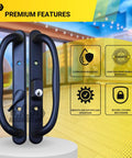 Sliding Glass Patio Door Offset Pull Handle Set With Keys Replacement For 3 15/16 Inch Hole Spacing And 1 1/4 To 2 1/4 Inch Door Thickness, 10 Inch Escutcheon Plate, Four Hole Patterns, Black Finish, displayed with premium features icons.