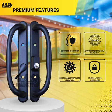 Sliding Glass Patio Door Offset Pull Handle Set With Keys Replacement For 3 15/16 Inch Hole Spacing And 1 1/4 To 2 1/4 Inch Door Thickness, 10 Inch Escutcheon Plate, Four Hole Patterns, Black Finish, displayed with premium features icons.