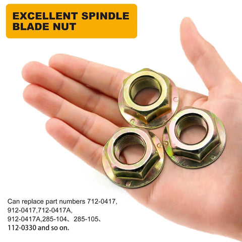 Hand holding Beefy Hex Flanged Spindle Blade Nut 5/8-18 Thread Set Of 3 Color Galvanized Rustproof For Cub Cadet RZT50 MTD White Toro