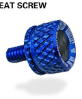 Road Ready Carbon Fiber And Aluminum Knurled Seat Fender Bolt Quarter Inch 20 Thread Slick Swap Upgrade For Harley Davidson Touring Softail Sportster Dyna 1996 To 2025 No Sweat Replacement blue aluminum seat screw close-up view.