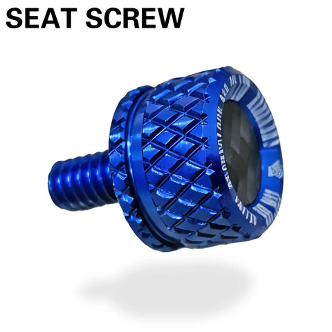 Road Ready Carbon Fiber And Aluminum Knurled Seat Fender Bolt Quarter Inch 20 Thread Slick Swap Upgrade For Harley Davidson Touring Softail Sportster Dyna 1996 To 2025 No Sweat Replacement blue aluminum seat screw close-up view.