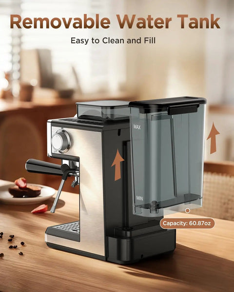 All In One Espresso Machine With Grinder And Milk Frother, 20 Bar Pump, Cold Brew, 30 Grind Settings, 60oz Removable Tank