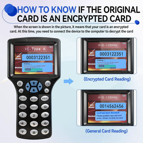 Multi-Frequency RFID Card Duplicator And Copier For Access Control, Home Security And Elevator Cards shows encrypted card reading