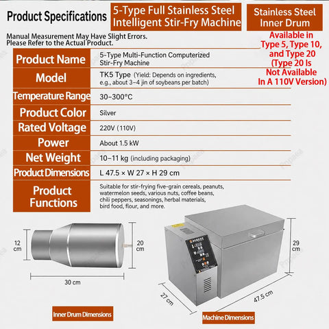 Commercial Grade Electric Coffee Bean Roaster With Precise Temp Control And A Heavy Duty Stainless Steel Rotating Drum For Crispy Nuts Chestnuts And Grains Making Fresh Batch Roasting No Sweat At All specifications with dimensions