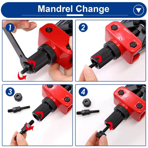 Mandrel change steps for Beast 14 Inch Rivet Nut Tool Kit With 8 Mandrels And 500 Rivnuts, Labor Saving Hand Rivnut Setter.