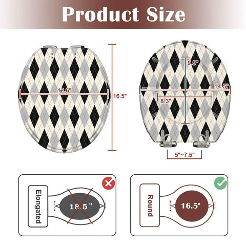 Round Black white checkered Toilet Seat size illustration showing dimensions 16.5 inches by 12.6 inches.
