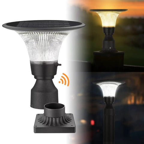 Solar Post Light With Dusk To Dawn Sensor, Easy No Fuss 3000K To 6000K Color Temperature, IP65 Waterproof Outdoor Lamp displayed in day and night settings.