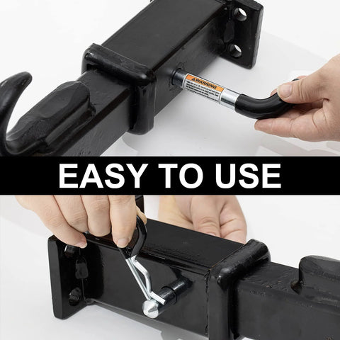 Installing Heavy Duty Trailer Hitch Pins And Clips Four Pack, 5/8 Inch Diameter With Rubber Coated Black Grip on 2 Inch Receiver.
