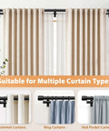 Heavy Duty Telescoping Double Curtain Rod For Windows 72 To 144 Inches, 1 Inch Diameter, shown with various curtain types