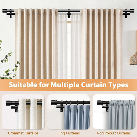 Heavy Duty Telescoping Double Curtain Rod For Windows 72 To 144 Inches, 1 Inch Diameter, shown with various curtain types