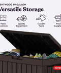50 Gallon Resin Deck Box For Outdoor Storage Of Patio Cushions Throw Pillows And Garden Tools Brown Finish Durable Weather Resistant Construction For Patios Garages Or Covered Decks