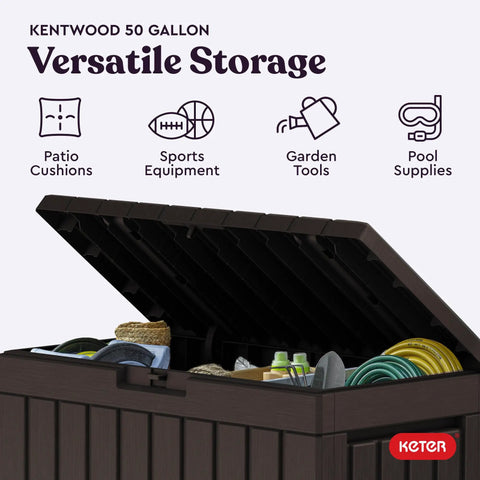50 Gallon Resin Deck Box For Outdoor Storage Of Patio Cushions Throw Pillows And Garden Tools Brown Finish Durable Weather Resistant Construction For Patios Garages Or Covered Decks